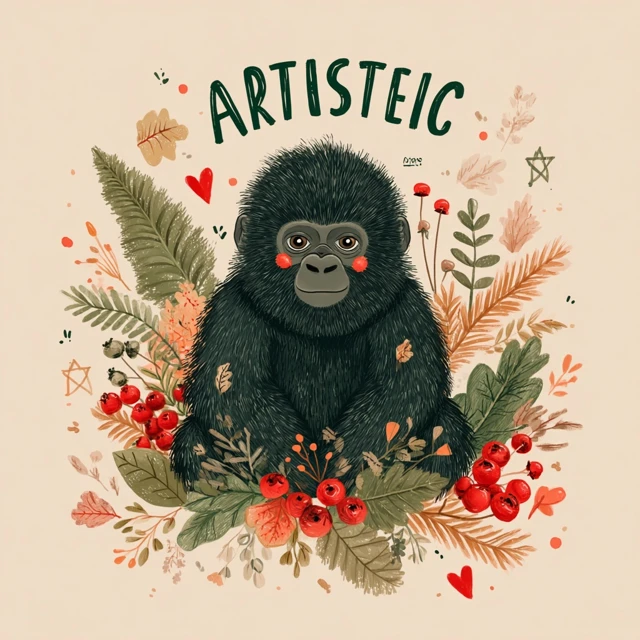 Cute Gorilla Art Autumn Colors Leaves Flowers