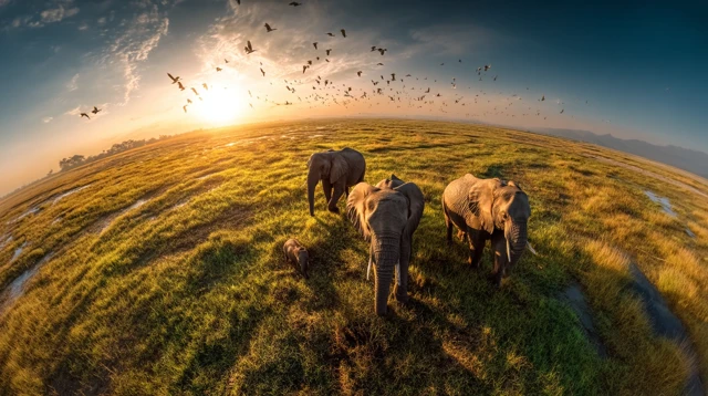 Elephant Family on Grassland with Birds
