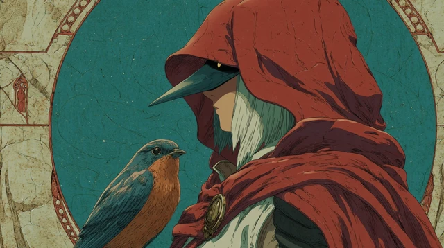 Retro Anime Knight in Winter with Bird