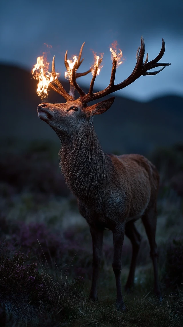 Stag with Fire Glowing Antlers Reaching the Sky