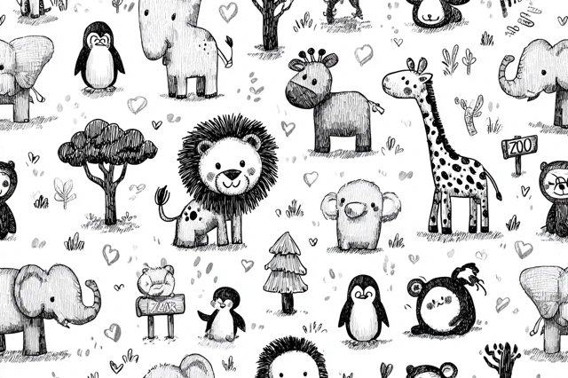 Kids Doodle Zoo Animals Black and White Vector Art