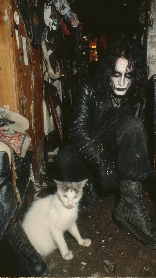 Gothic Man in Leather Jacket with Cat 1983 Polaroid