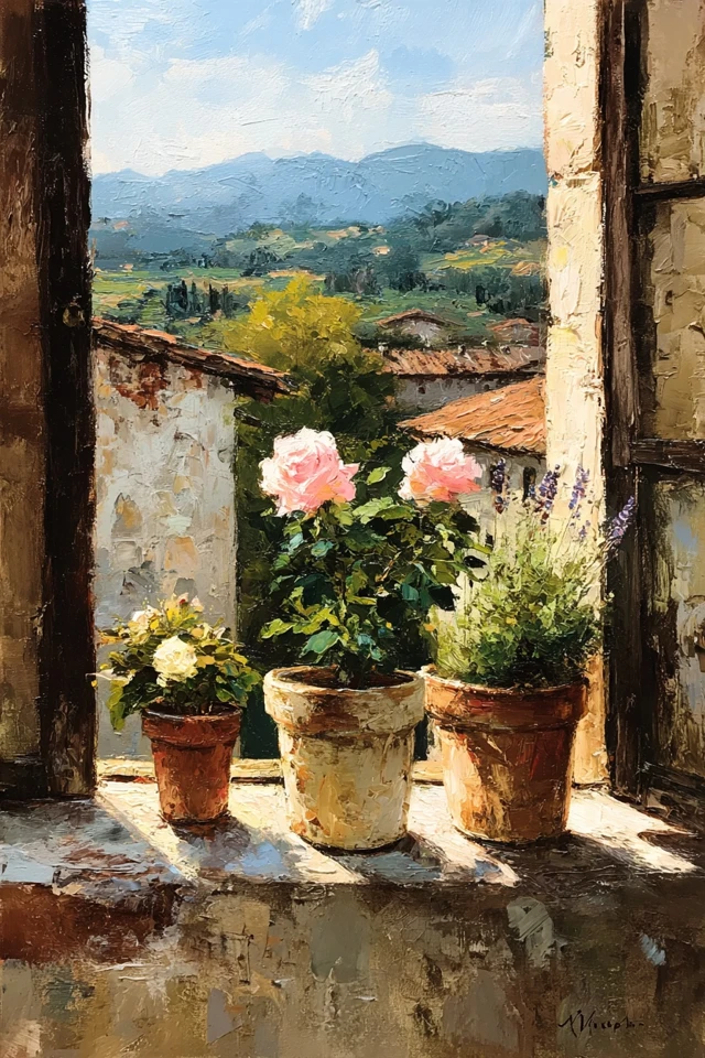 Italian Landscape Oil Painting with Flowers