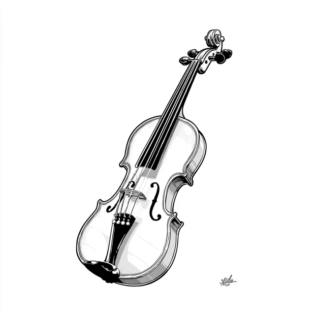 Black and White Cartoon Violin Illustration