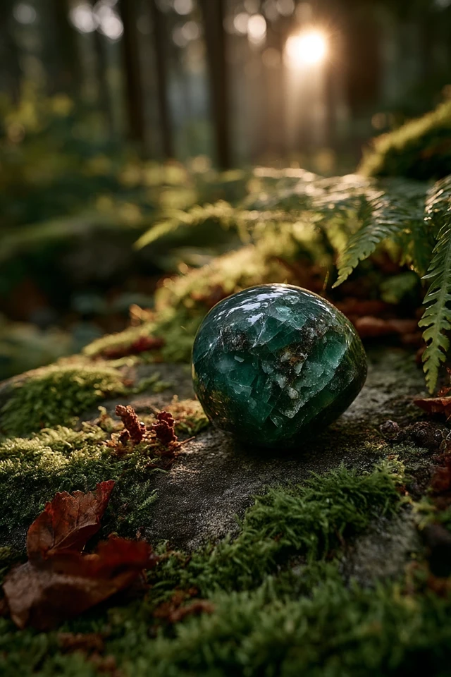 Moss Agate Gemstone in Forest Sunlight