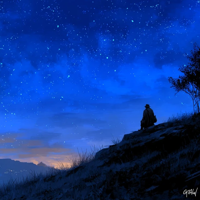 Man in Mountains Under Starry Night Illustration
