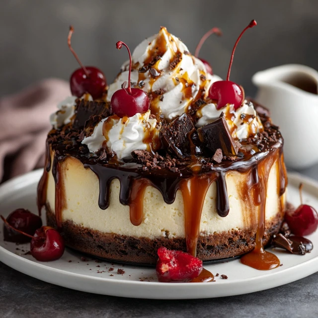 Chocolate Cheesecake with Cherries and Caramel