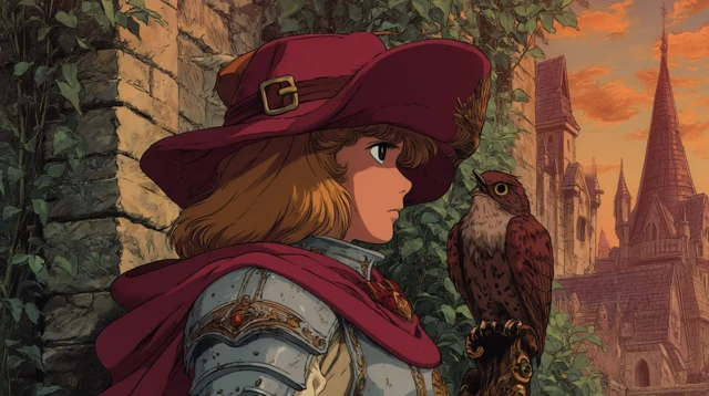 Retro Anime Knight in Winter with Bird