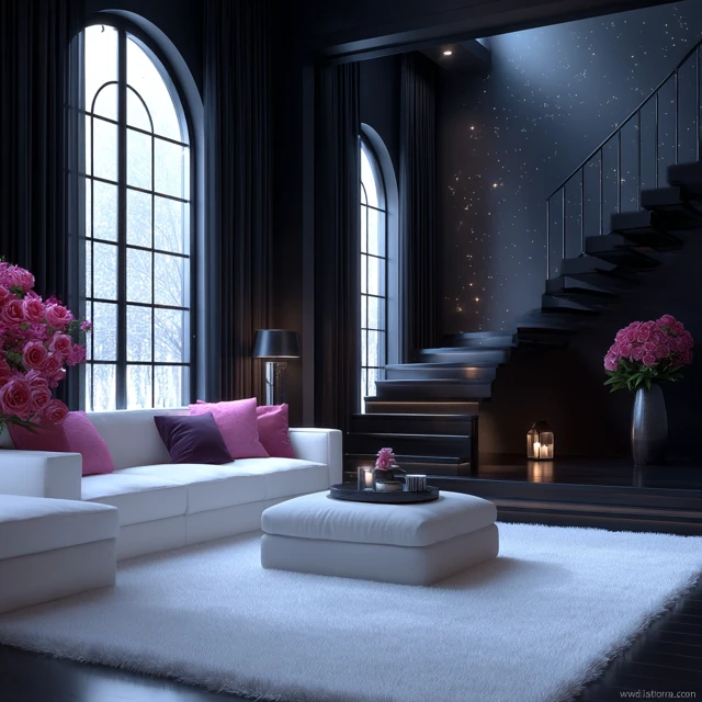 Minimalist Dark Interior Design with Pink Roses