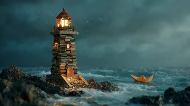 Lighthouse of Knowledge Guiding Paper Boat