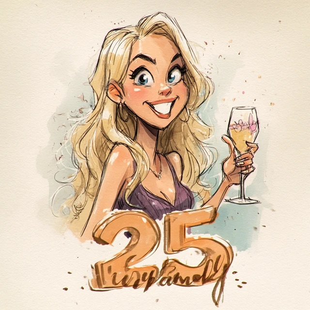 Blonde Girl Turning 25 Cartoon Birthday Illustration