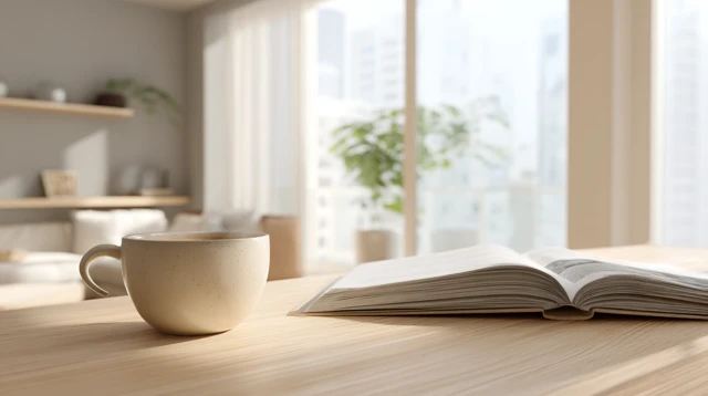 Japandi Room with Coffee Cup and Open Book