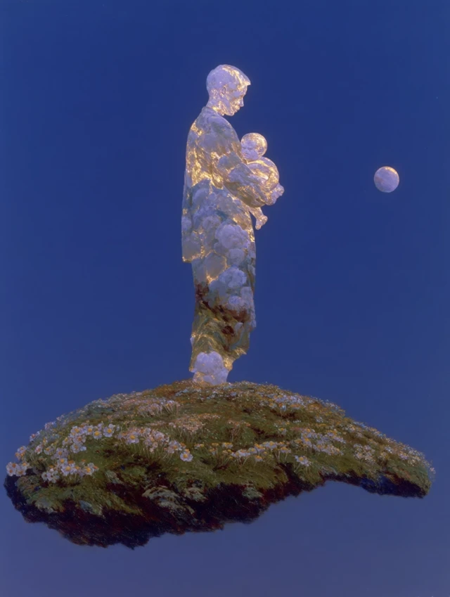 Dreamlike Image of Father and Child on Floating Island