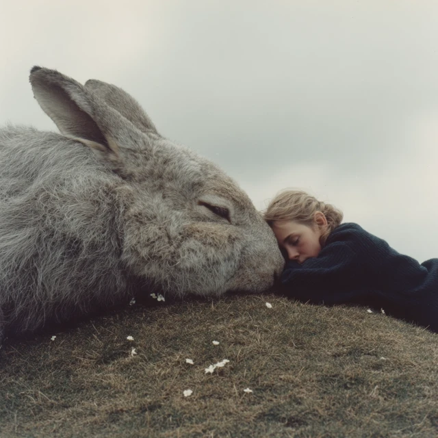 Giant Rabbit and Child Napping on a Hill