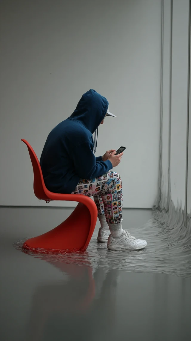Man in Blue Hoodie on Red Chair iPhone Photo