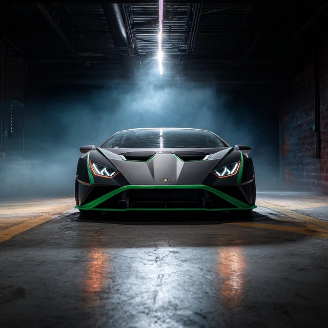 Lamborghini in Garage Black and Green Livery