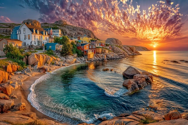 Coastal Town at Sunrise Picturesque Scenery