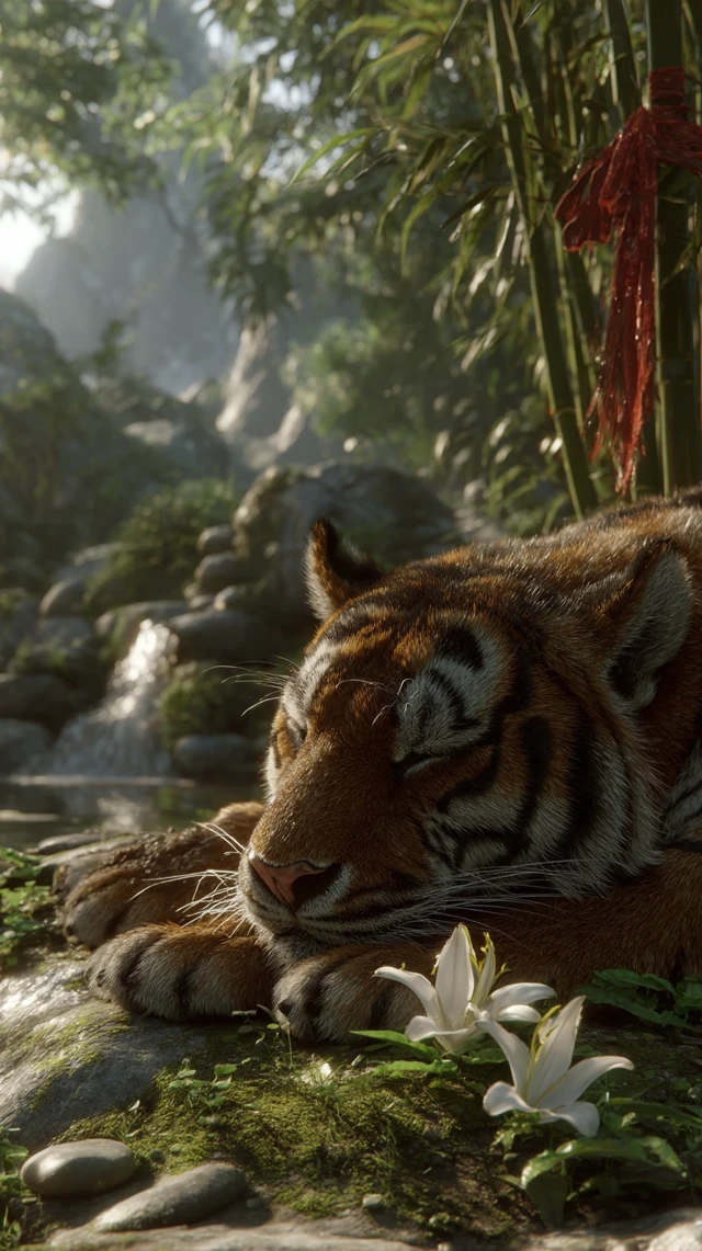 Majestic Siberian Tiger Sleeping in Bamboo Forest