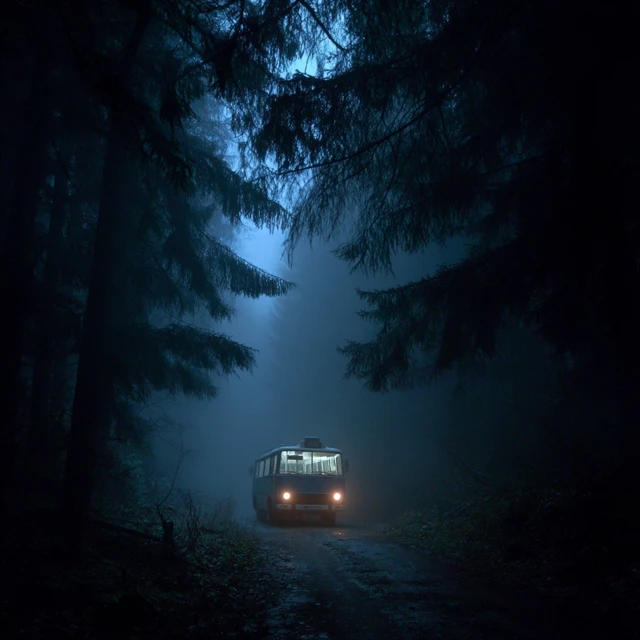 Forest Road at Night PAZ-672 Bus in the Fog