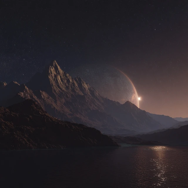 Alien Mountain Landscape at Night with Planet