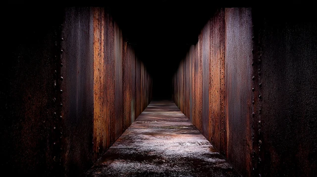 Dark Rusty Hallway with Distressed Steel Walls