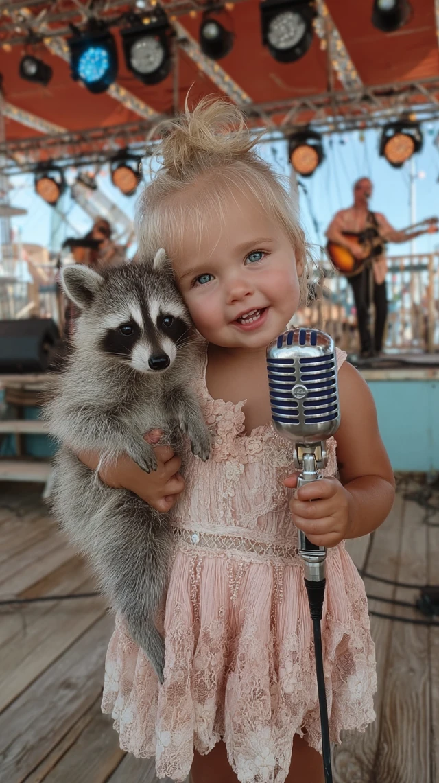 Baby Girl Singing With Raccoon On Stage