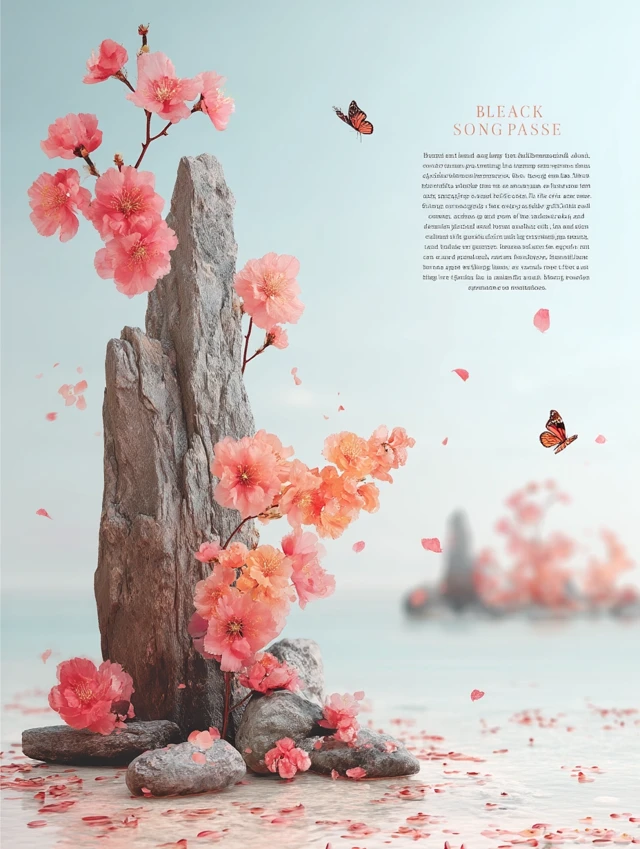 Dreamy Pink Background: Flowers, Butterflies, and Serene Stones