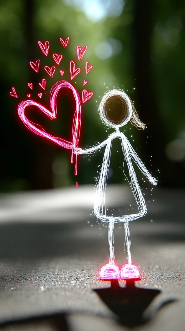 Glowing Neon Girl with Pink Heart Summer Park