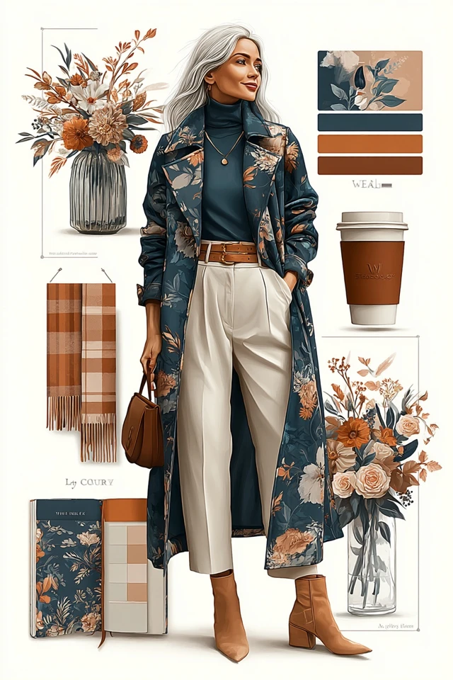 Autumn Fashion Illustration Floral Trench Coat