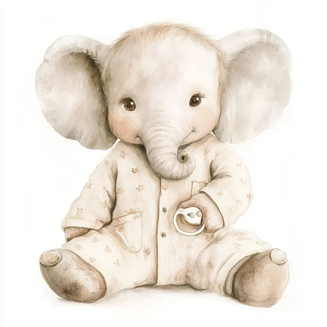 Watercolor Baby Elephant in Pajamas with Pacifier