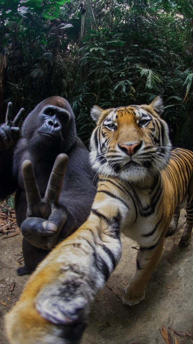 Gorilla and Tiger Peace Sign Jungle Selfie