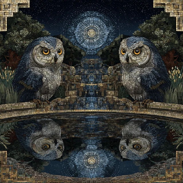 Owl Mosaic Night Koi Pond Zen Garden Artwork