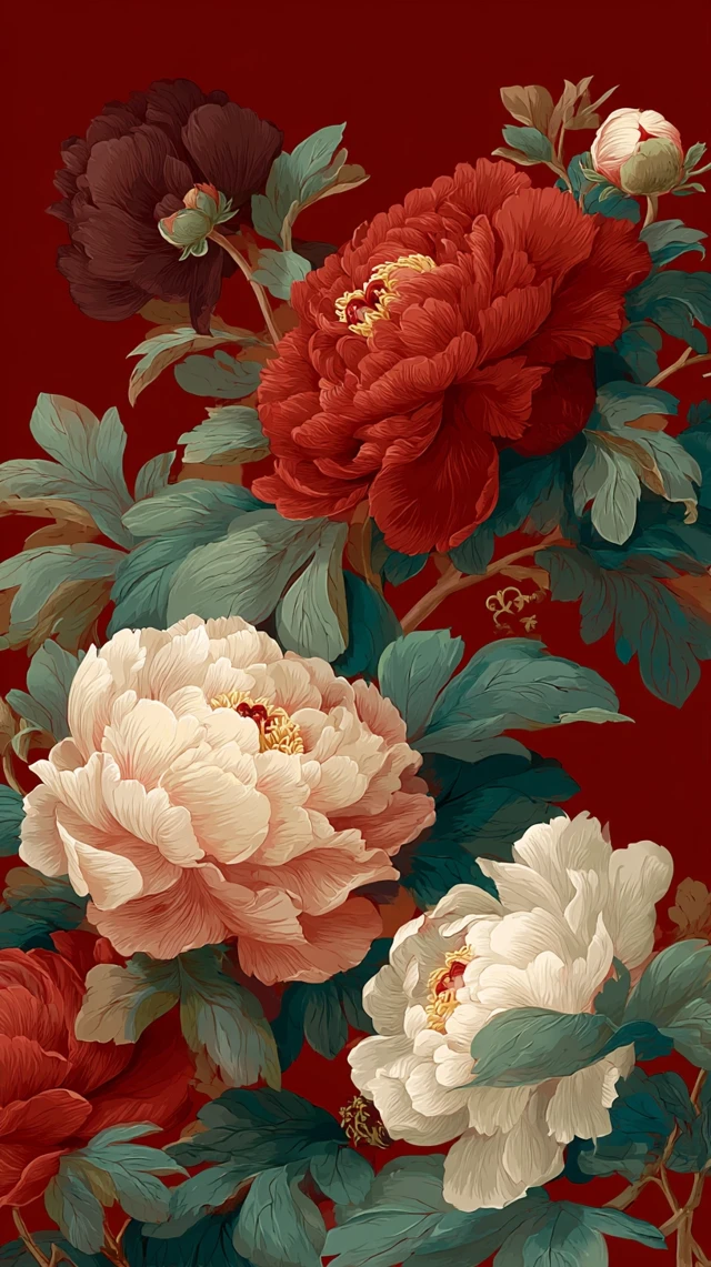 Chinese Peonies Red Gold Floral Painting Wallpaper