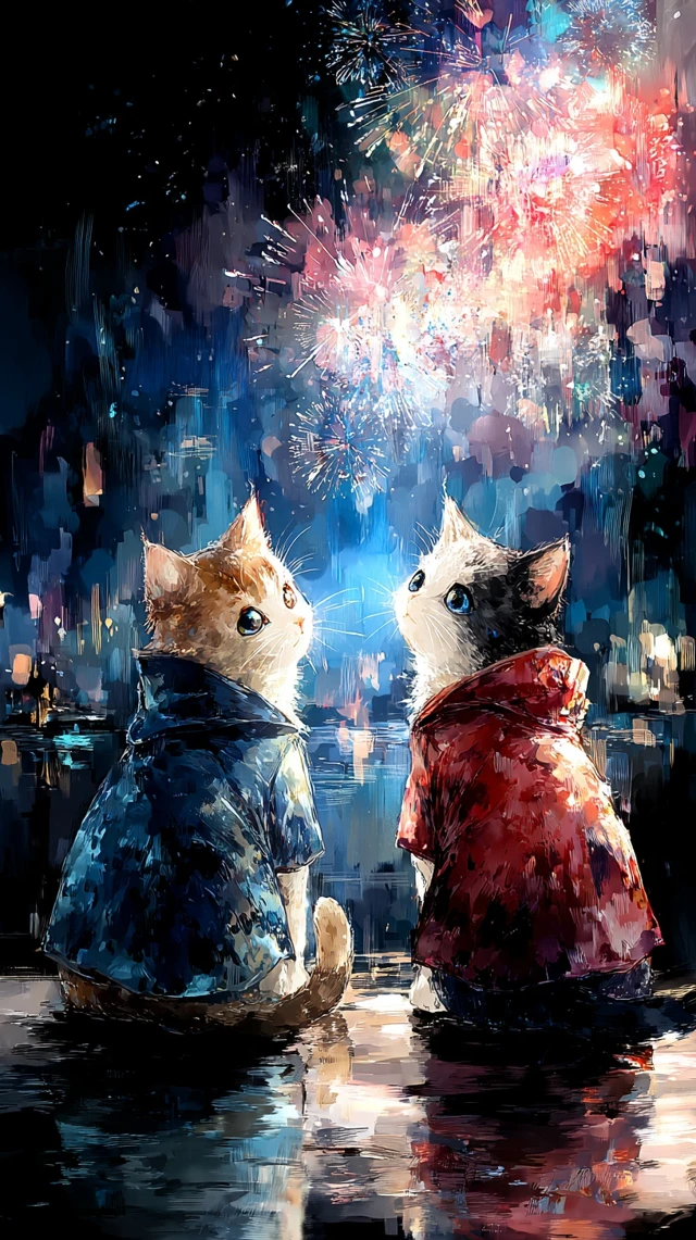 Kittens Ponchos Fireworks Japanese Summer Night