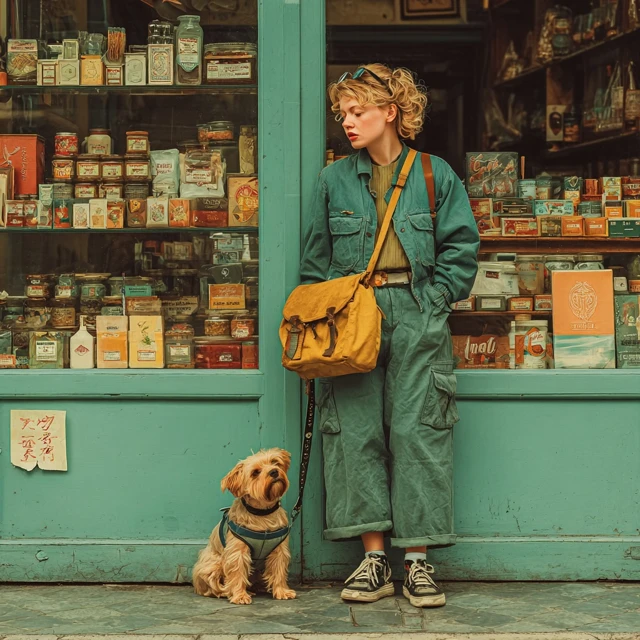 Woman and Dog Wes Anderson Style Photo Real