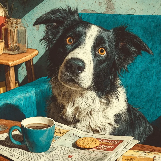 Border Collie Dog Reading Newspaper in Sunny Kitchen