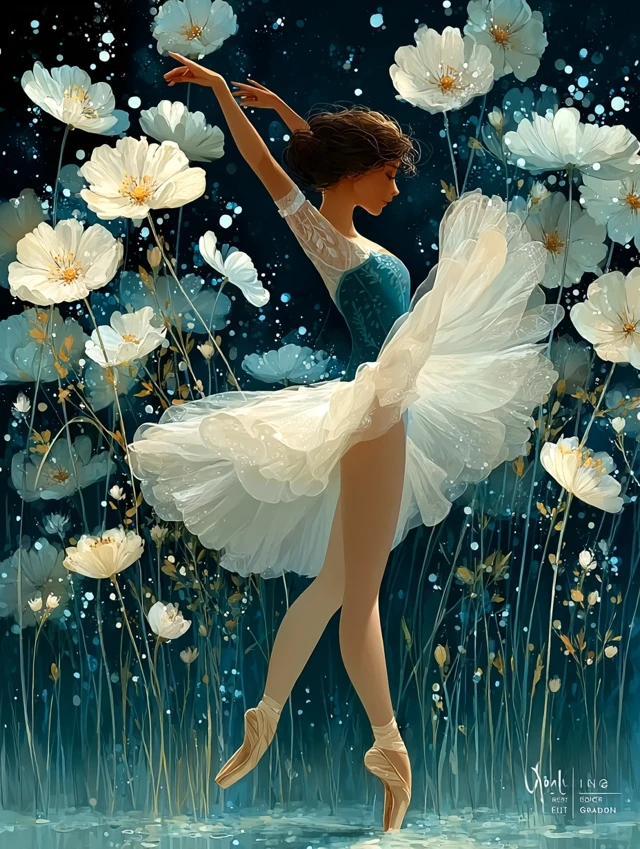 Ballerina Dancing in a Field of Flowers Illustration