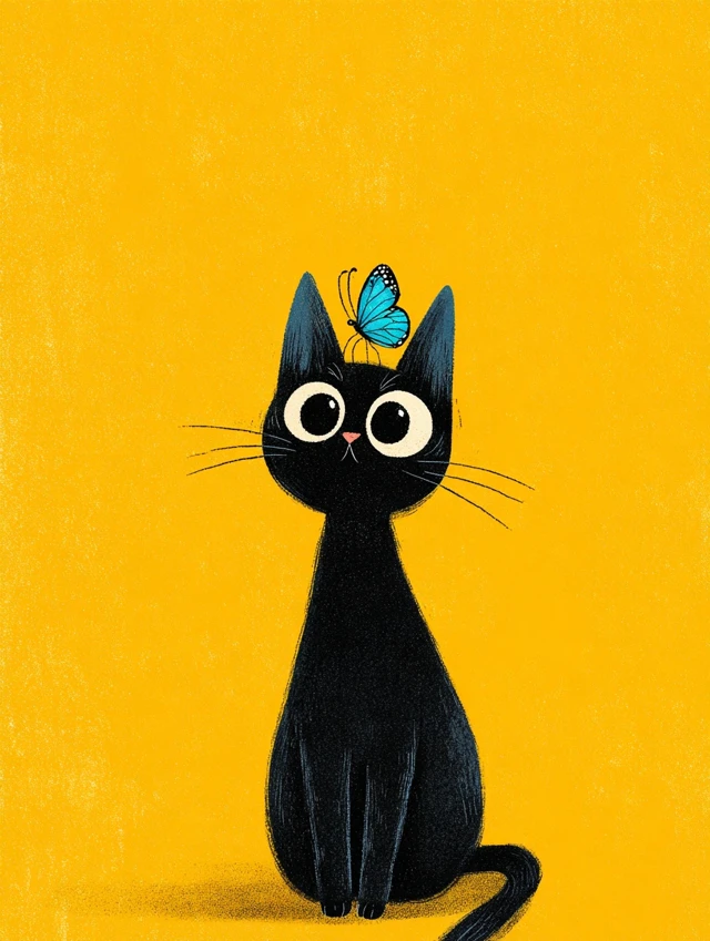 Cute Black Cat with Butterfly Illustration