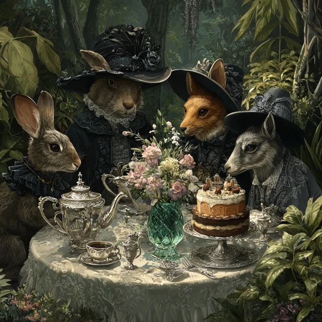 Victorian Animal Tea Party in a Forest Core Setting