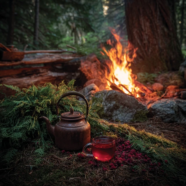 Poppy Flower Tea Brewing in the Forest Campfire