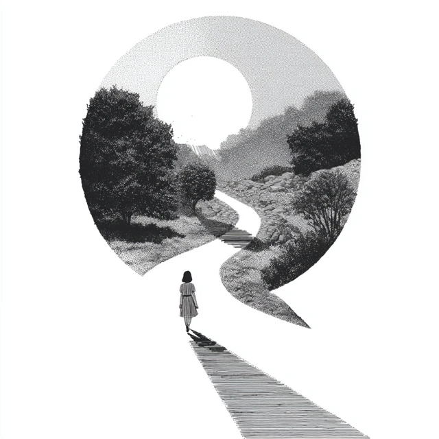 Girl Walking on Path Black and White Nature Illustration