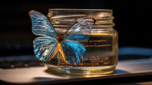 Blue Butterfly in a Jar and Retro Laptop