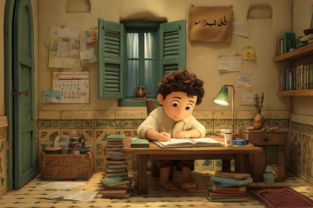 Egyptian Schoolboy Studying in Cozy Home 3D Cartoon