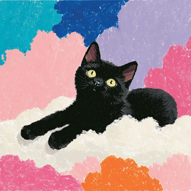 Black Kitten on a Cloud Acrylic Surreal Painting
