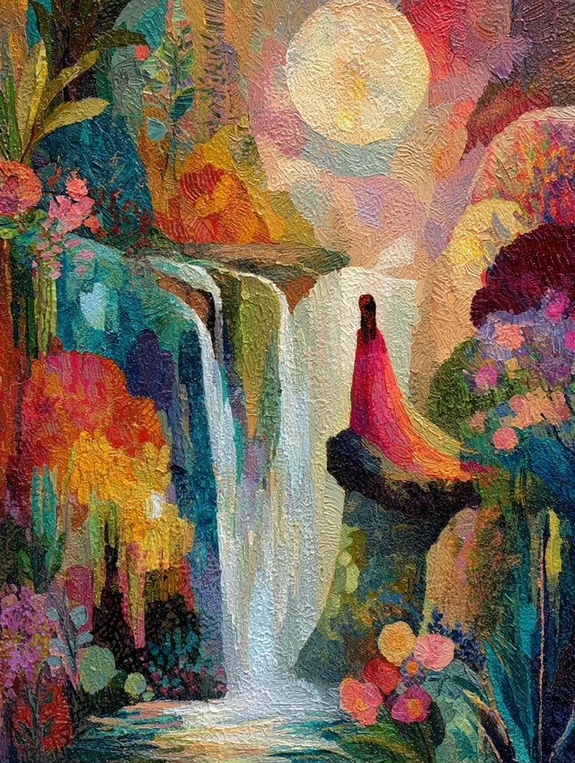 Pink Fairy Waterfall Painting Art Nouveau Style