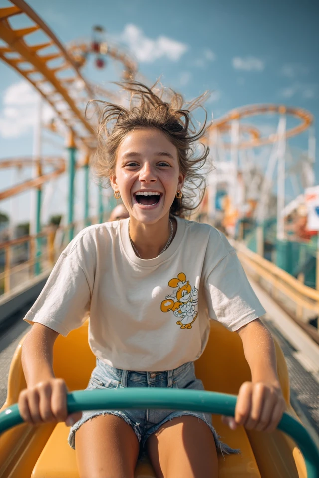 Girl on Roller Coaster Summer Amusement Park Fun