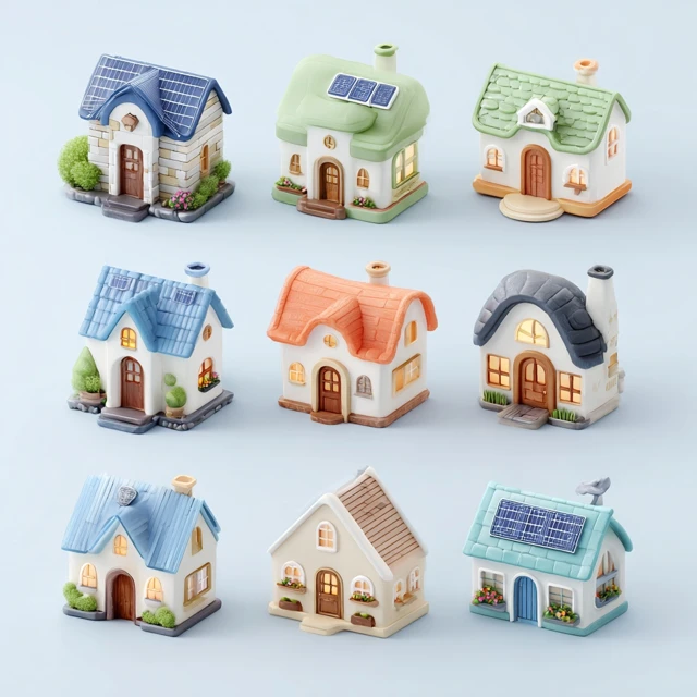 3D Cartoon Houses with Solar Panels Emoji Style