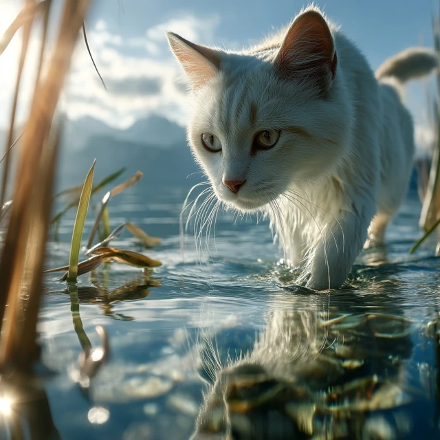 White Cat Walking in Water Lakeside Photo
