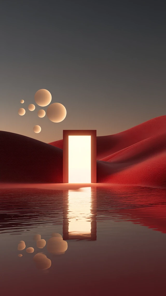 Abstract Desert Landscape with Glowing Door and Spheres