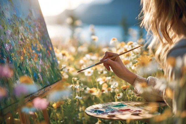 Artist in Summer Meadow Painting Colorful Scene